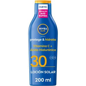 NIVEA SUN Protege & Hidrata - Leche Solar FP30 - Protector Solar Corporal - Protección UVA/UVB - Resistente al Agua - Hidratación 48h - Con Vitamina C y Ácido Hialurónico - Todo Tipo de Piel - 200 ml